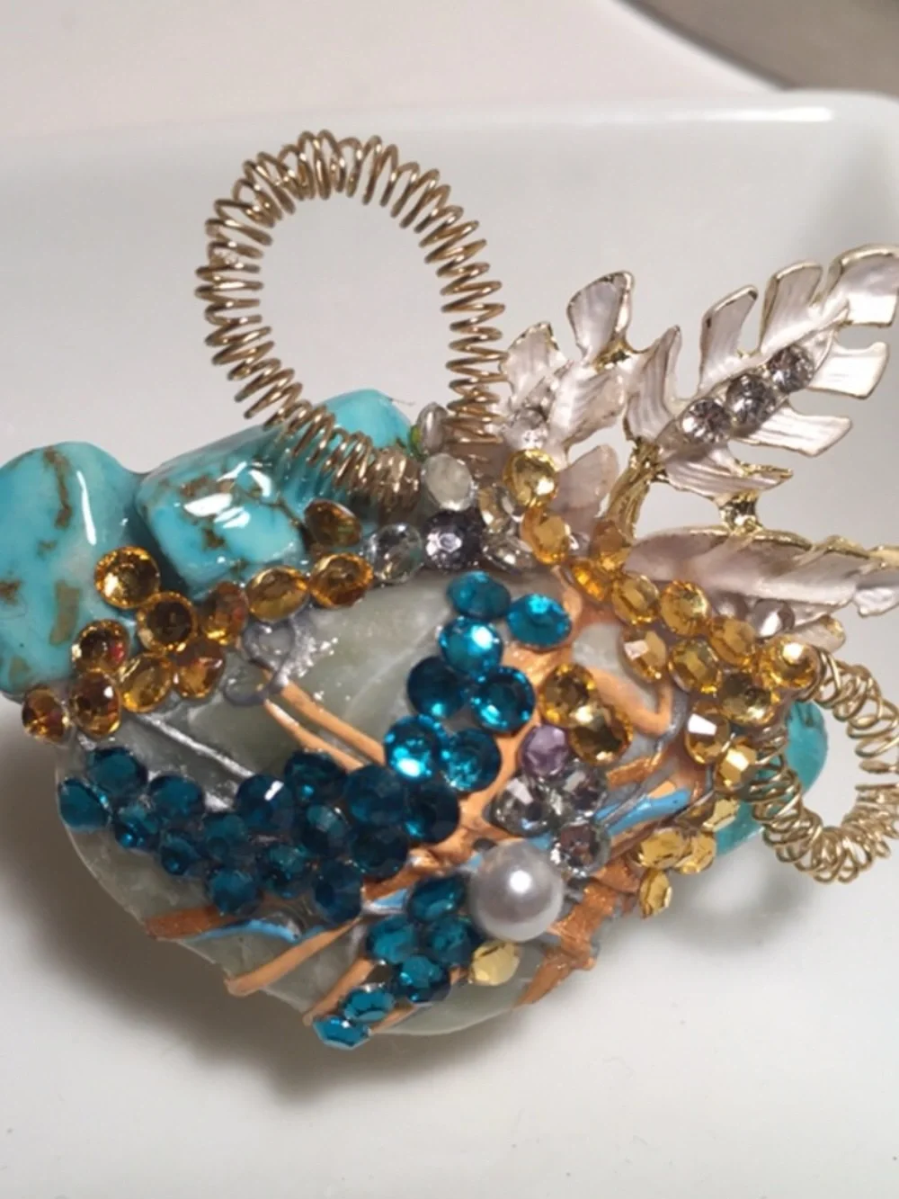 Turquoise & Gold Statement Cocktail Ring with Blue and Amber Crystals